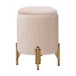 Modern Round Pleated Storage Ottoman With Metal Legs 33cm Dia X 46cm H | Beige