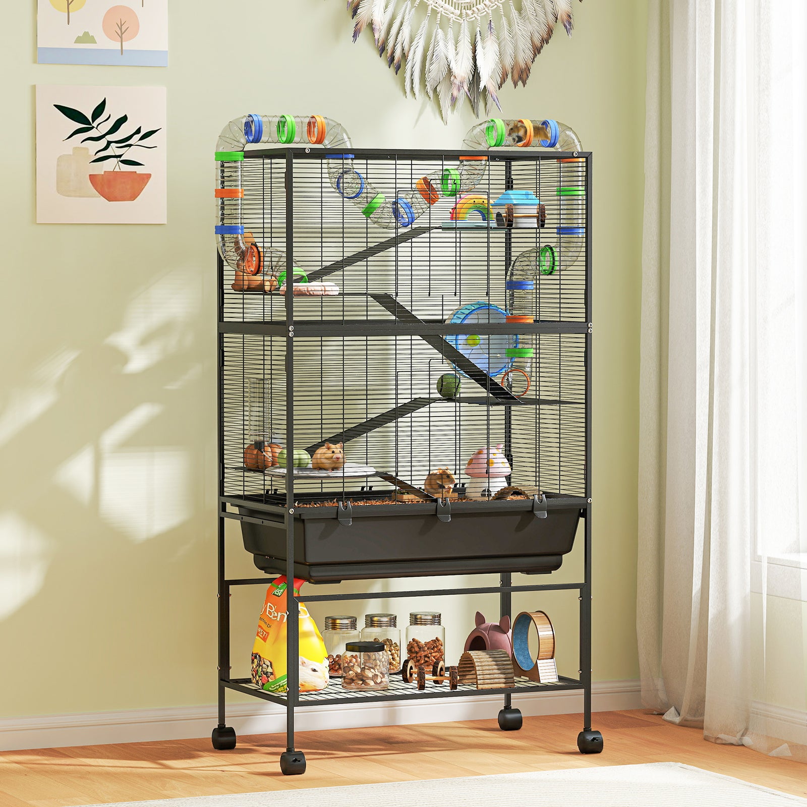 Pawhut Hamster Cage, 5 Tier Gerbil Cage On Wheels With Storage Shelf