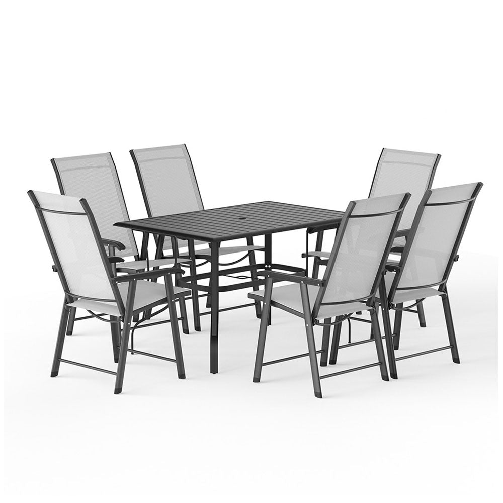 7 Pcs Garden Dining Set Metal Slatted Coffee Table With Foldable Chairs