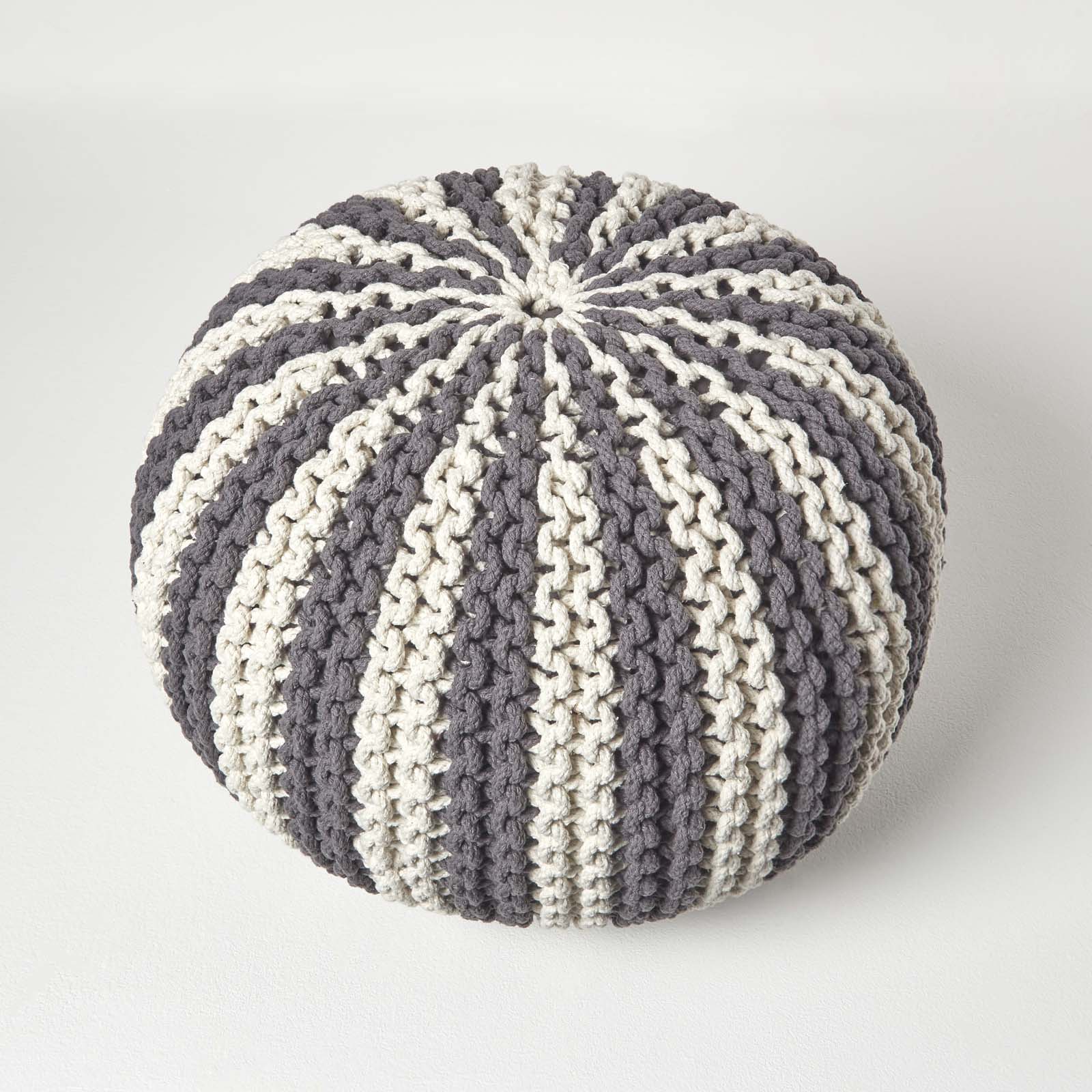 Knitted Pouffe Striped Footstool | 50cm x 35cm | Grey