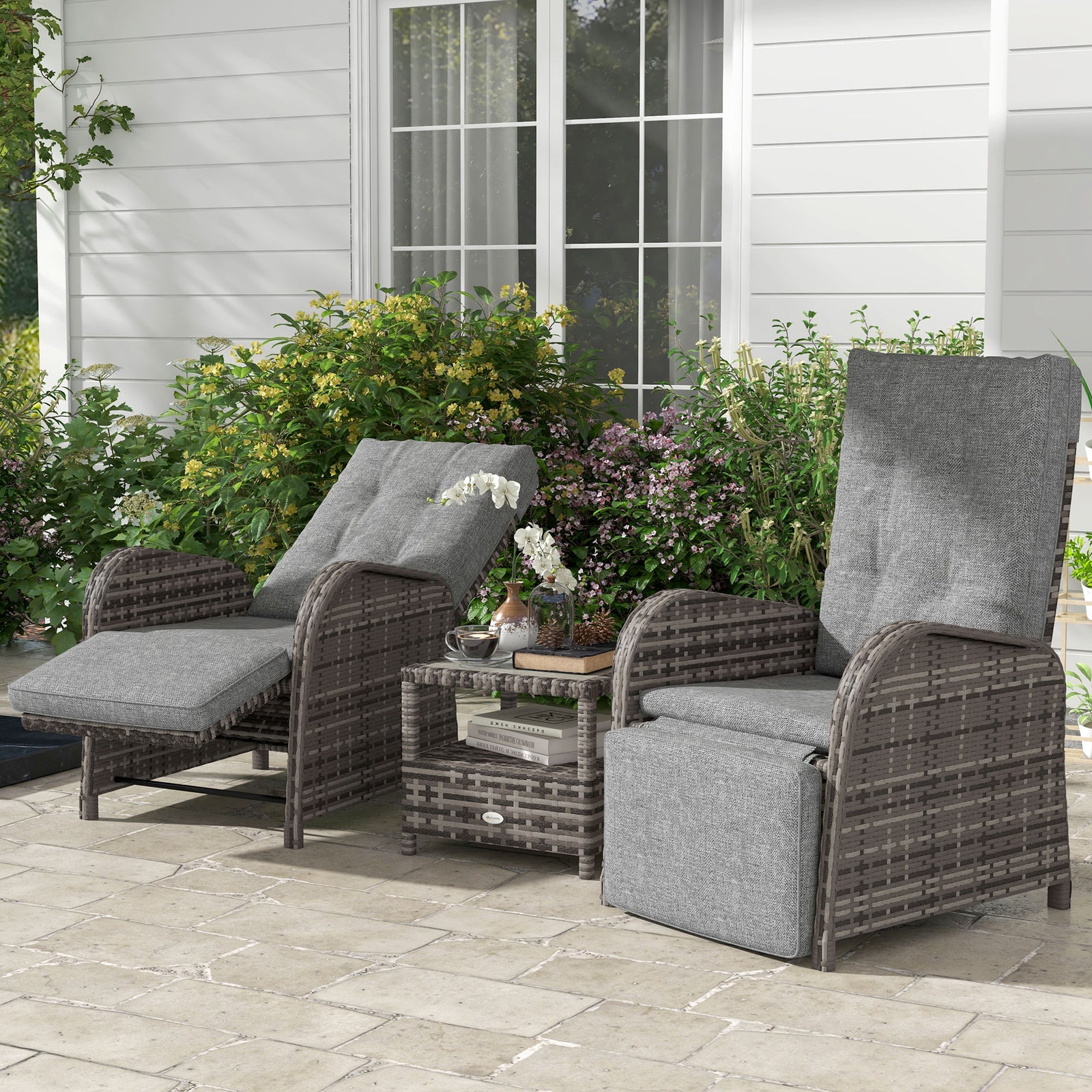 3 Pcs Patio Rattan Wicker Chaise Lounge Sofa Set W/ Cushion | Brown