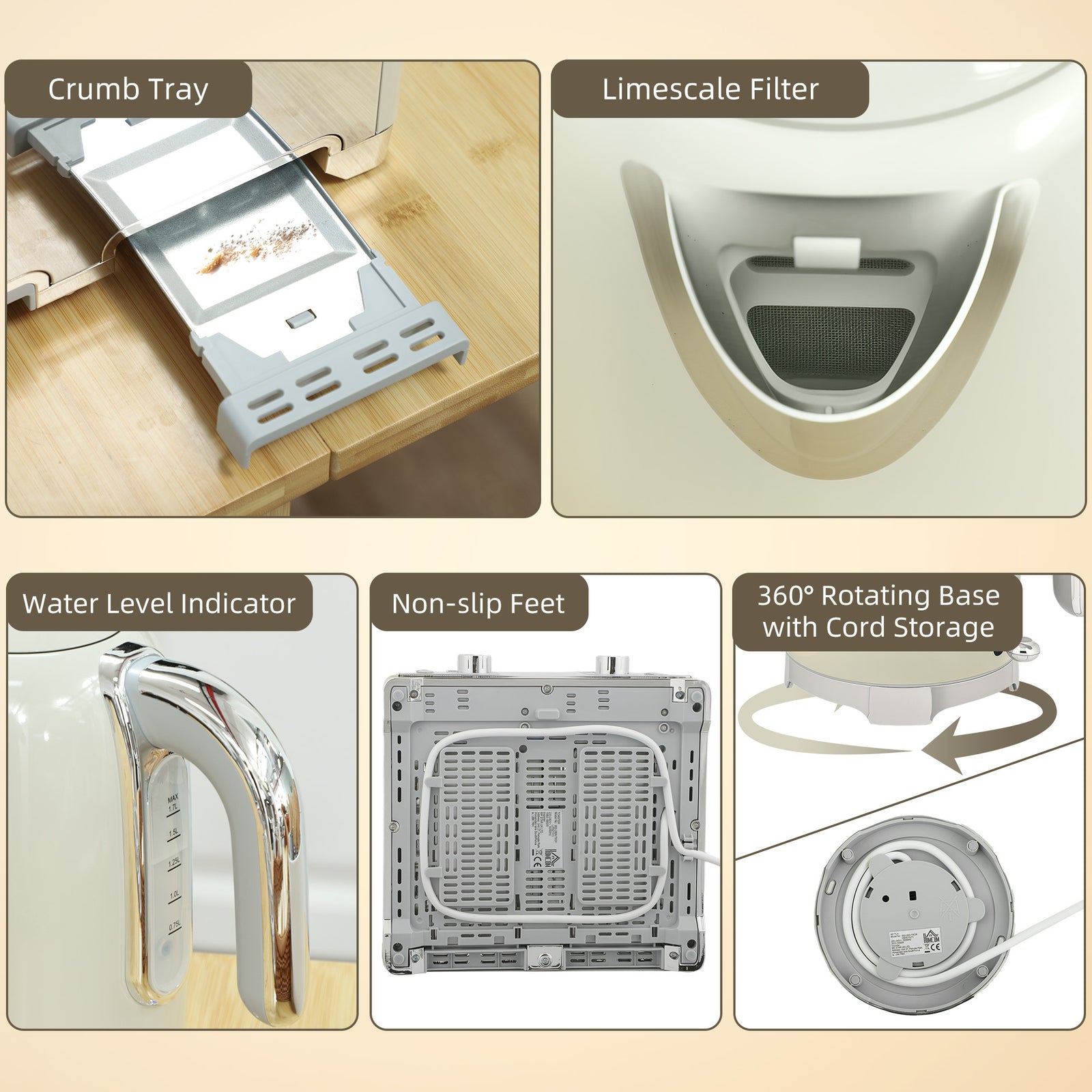3000w 1.7l Kettle With Retro Thermometer, 4 Slice Toaster Set | Grey