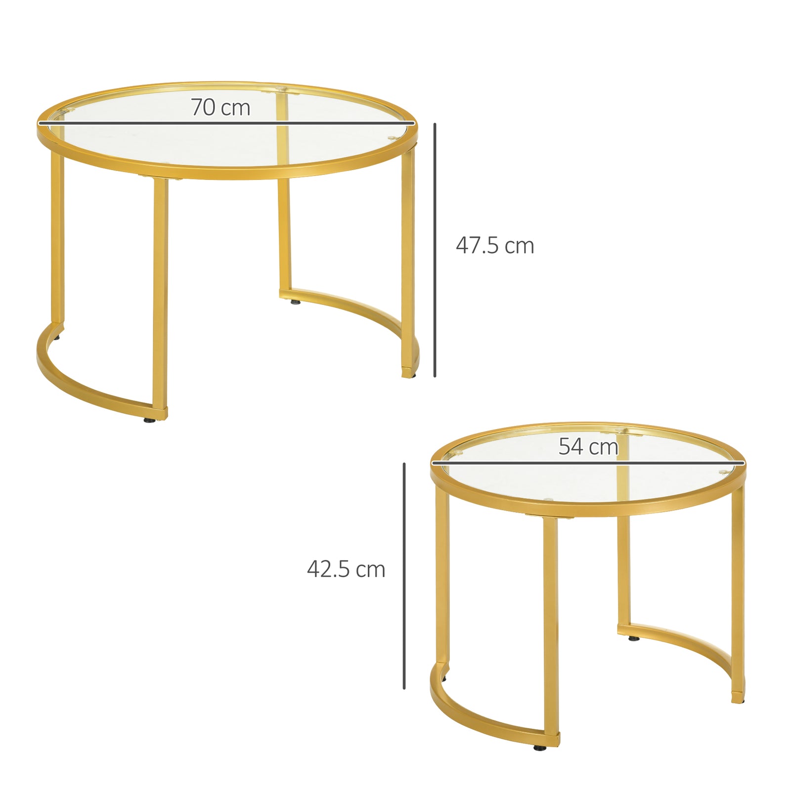 HOMCOM Modern Coffee Table Set Of 2, Nesting Tables With Glass Top, Gold