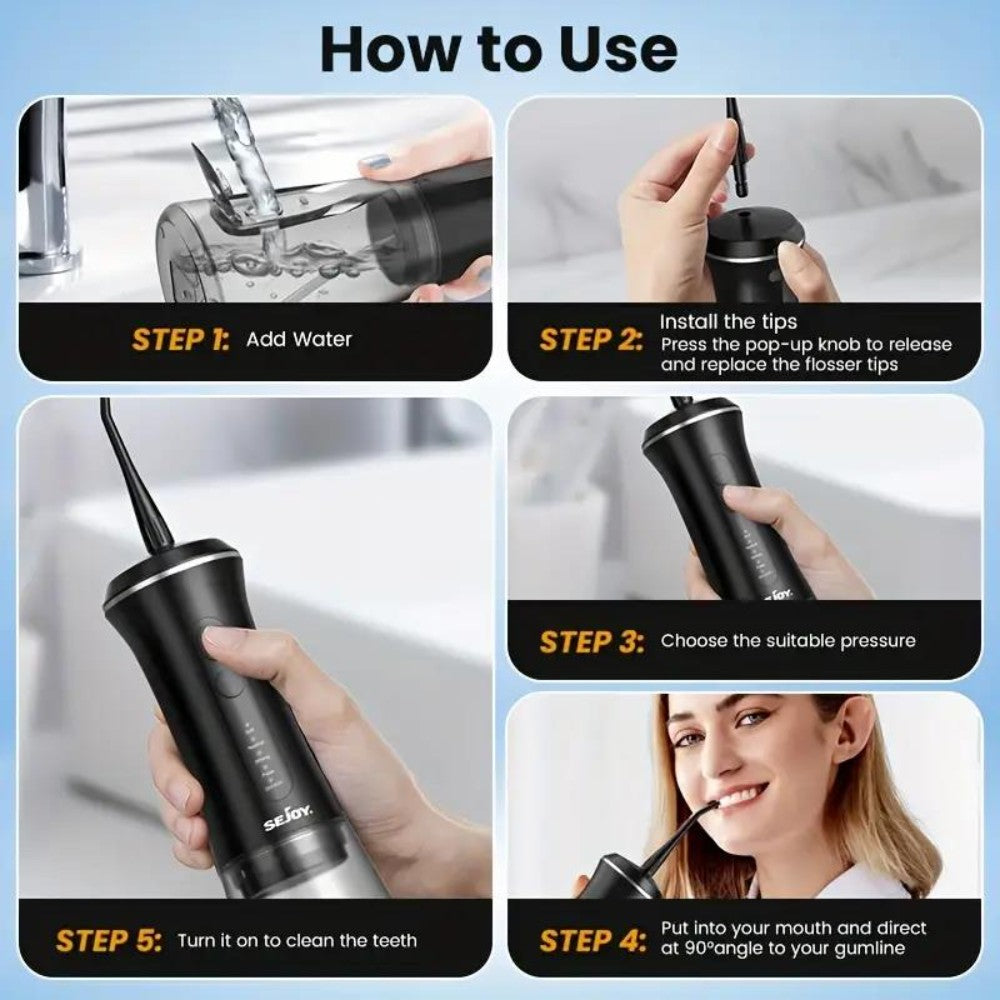 Dyzi Black Cordless Oral Irrigator 350ml Tank 5 Modes Water Flosser