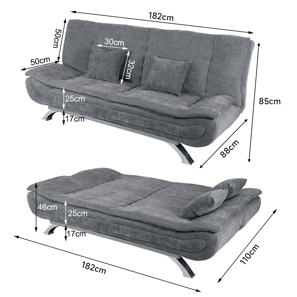 Modern Grey Linen Convertible Sofa Bed with Metal Legs and 2 Pillows
