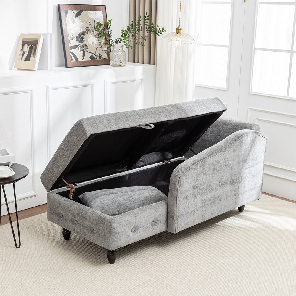 Left Hand Facing Chenille Chaise Lounge With Storage And Pillow | Grey