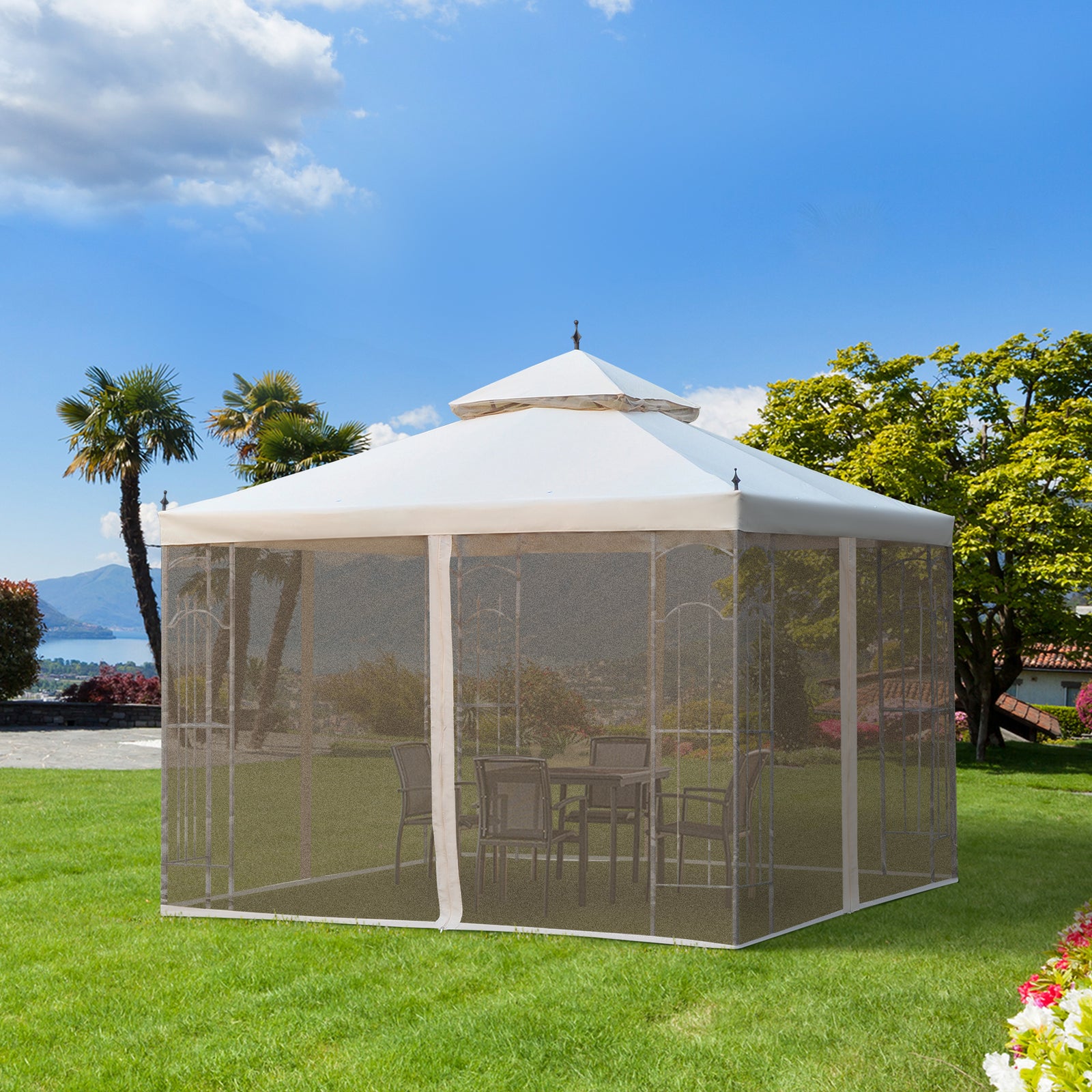 3 X 3(m) Garden Gazebo Double Top Gazebo Canopy W/ Curtains | Cream