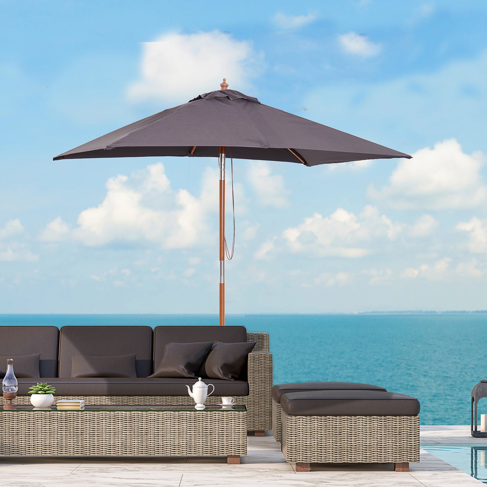 2x1.5m Wooden Patio Umbrella Parasol | Dark Gray