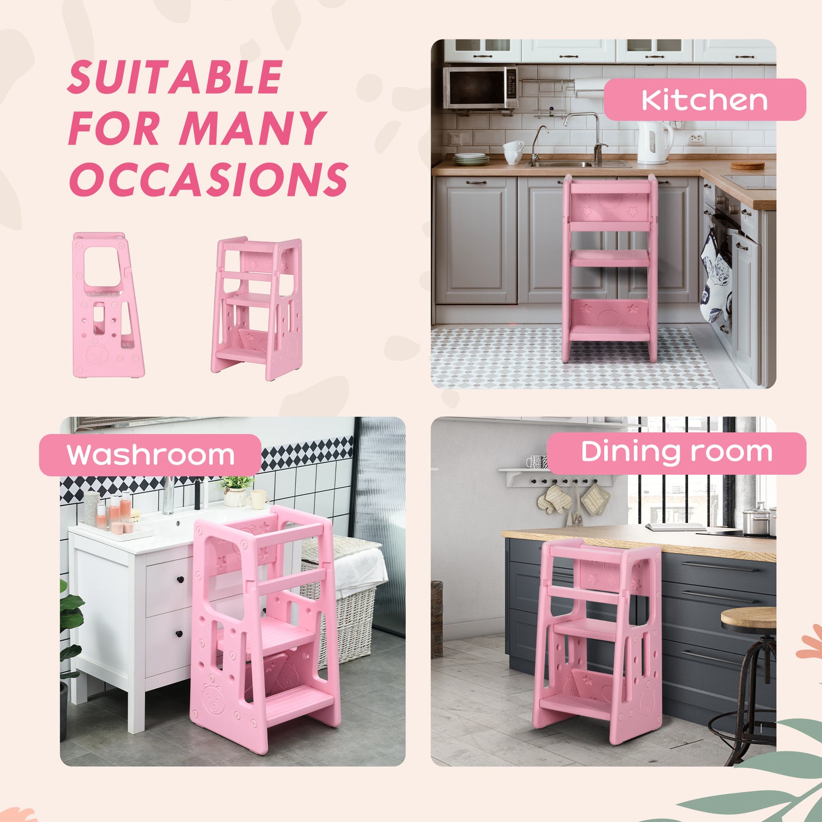 Step Stool, Adjustable Standing Platform, Toddler Kitchen Stool | Pink