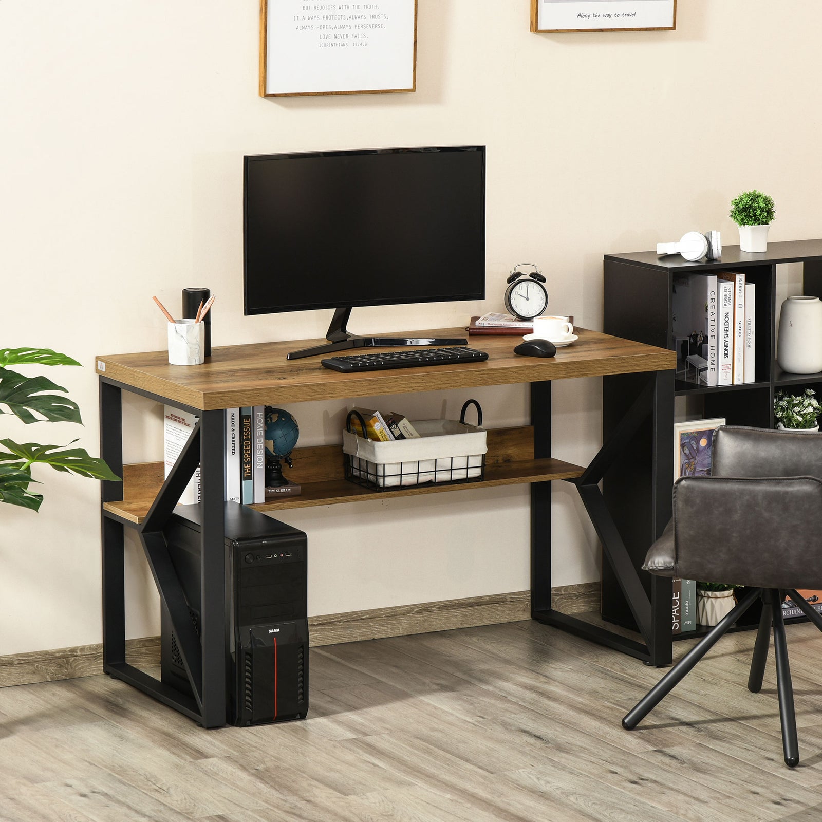 Workstation Desk With Storage Shelf, Brown