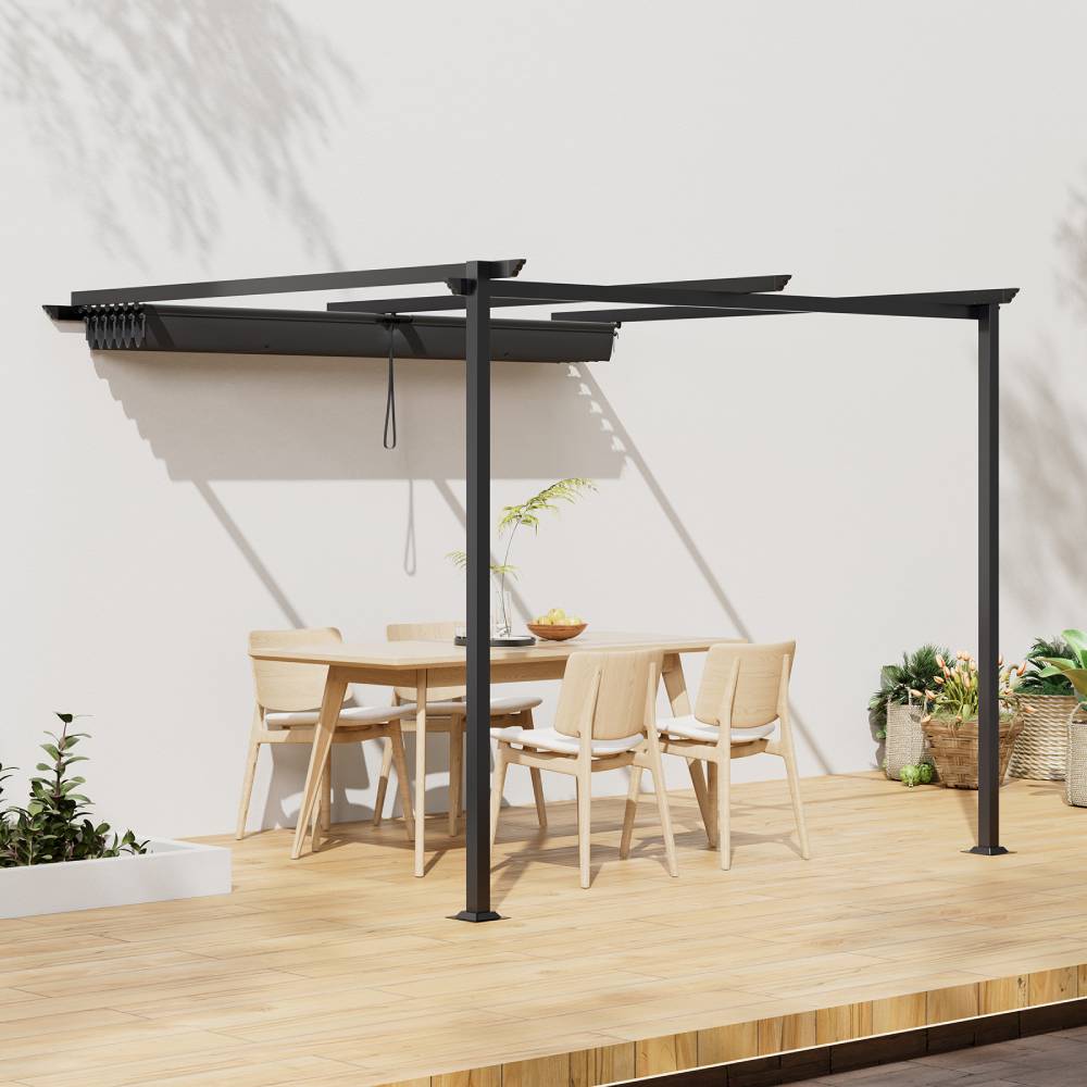 3x3m/3x4m Lean To Pergola With Retractable Roof With Pa-coated Polyester Canopy Wall Mounted Garden Gazebo Outdoor Sun Shade Shelter For Patio | 3m x 4m | Dark Grey