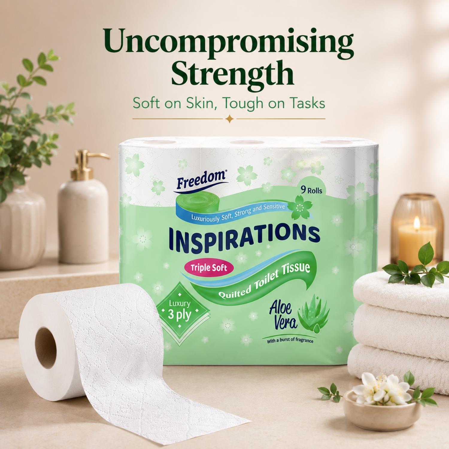 Freedom Aloe 3-ply Toilet Paper 45 Rolls + Rhino Jumbo Kitchen Towels 6 Rolls