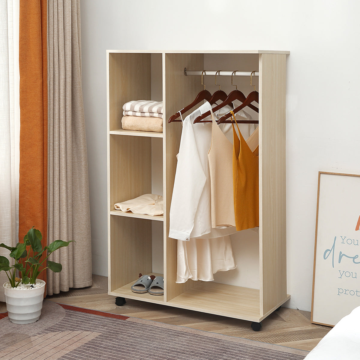 HOMCOM Rolling Open Wardrobe Hanging Rail Storage Shelves For Clothes