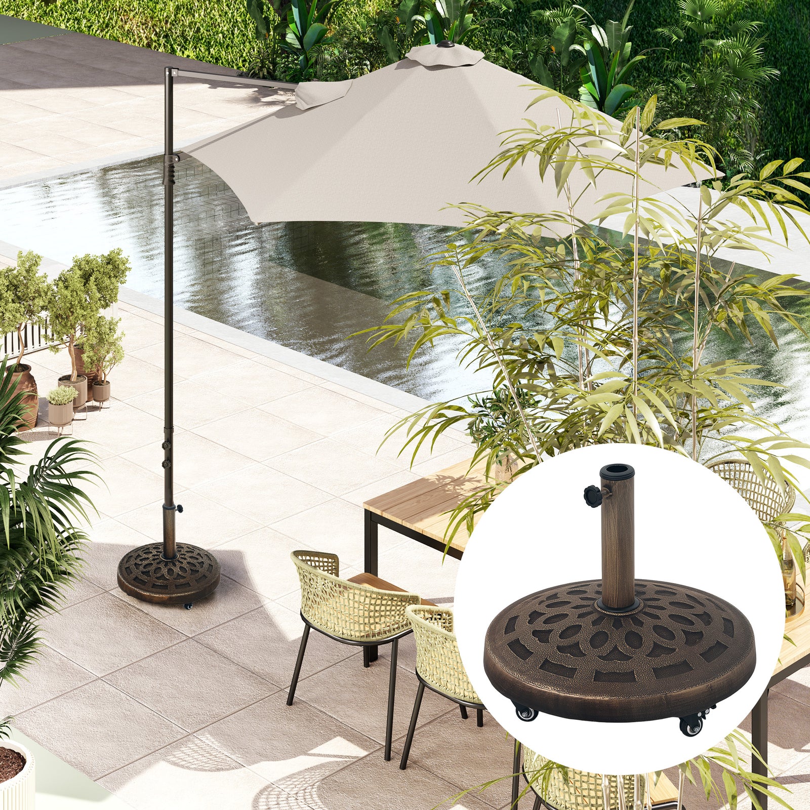 Outsunny 21kg Resin Garden Parasol Base Umbrella Stand With Wheels