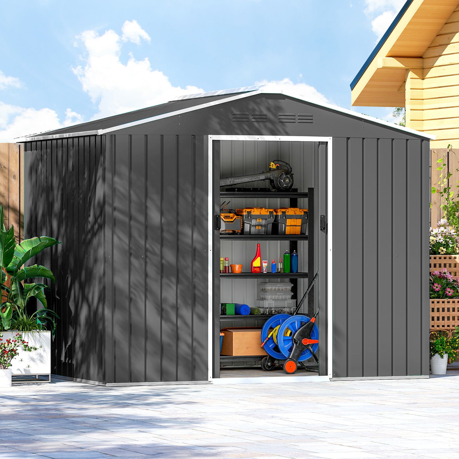 8 X 6ft Garden Storage Shed With Double Door | Dark Grey