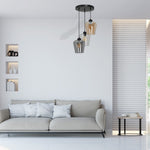 Santiago Triple Black Pendant Lamp E27 Hand Made With Elegant Glassshades In Delicate Amber Cool Smoked Grey And Clear