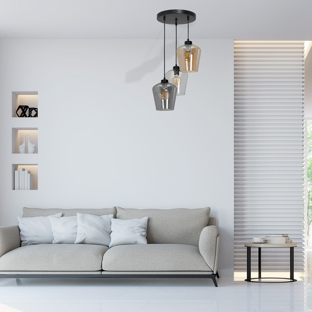Santiago Triple Black Pendant Lamp E27 Hand Made With Elegant Glassshades In Delicate Amber Cool Smoked Grey And Clear