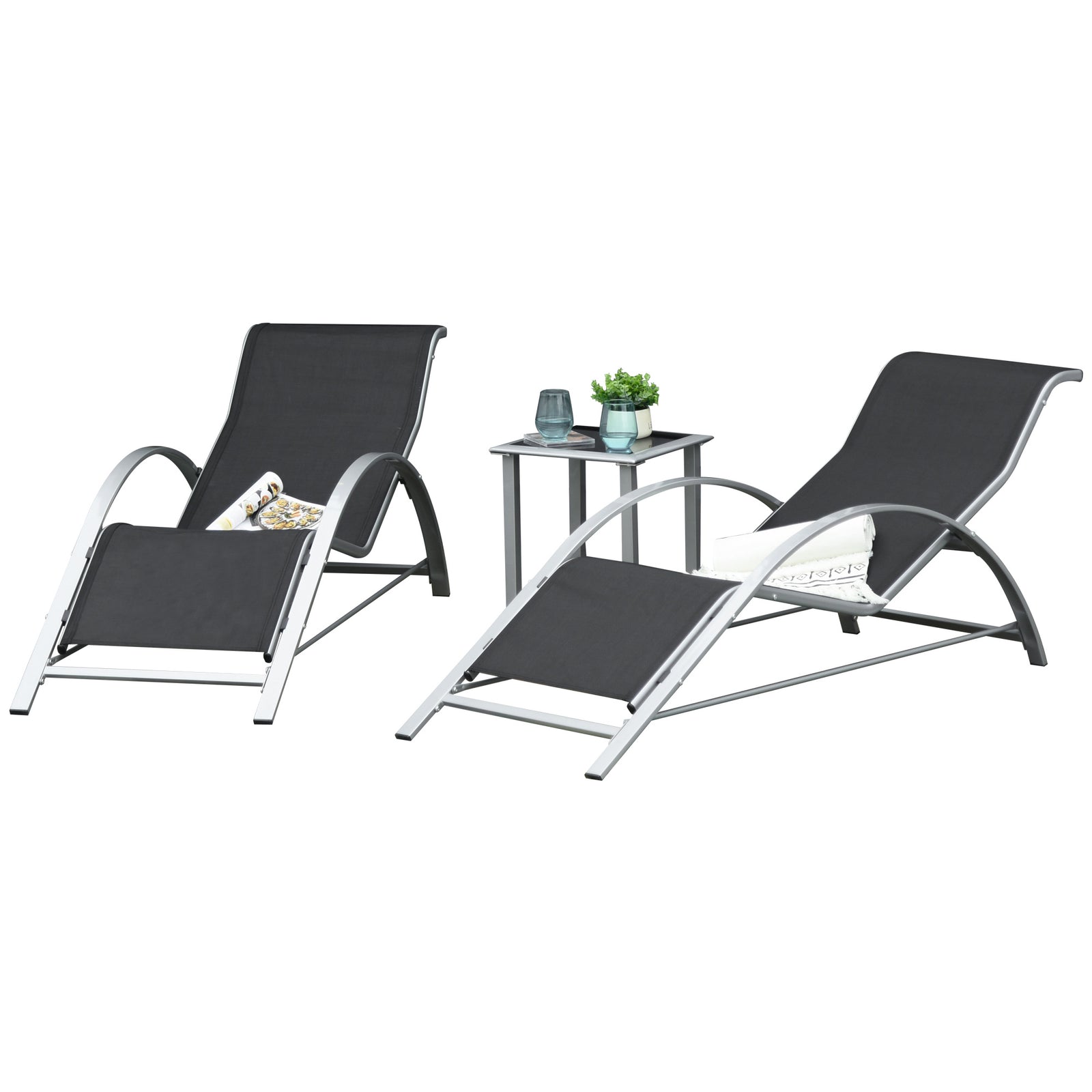 3 Pieces Lounge Chair Set Garden Sunbathing Chair W/ Table | Black