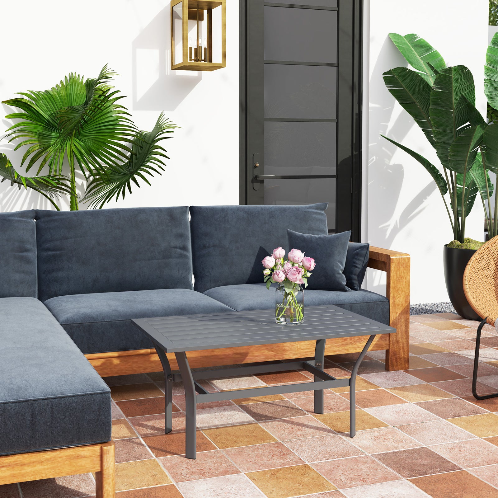 Metal Garden Coffee Table W/ Slatted Tabletop