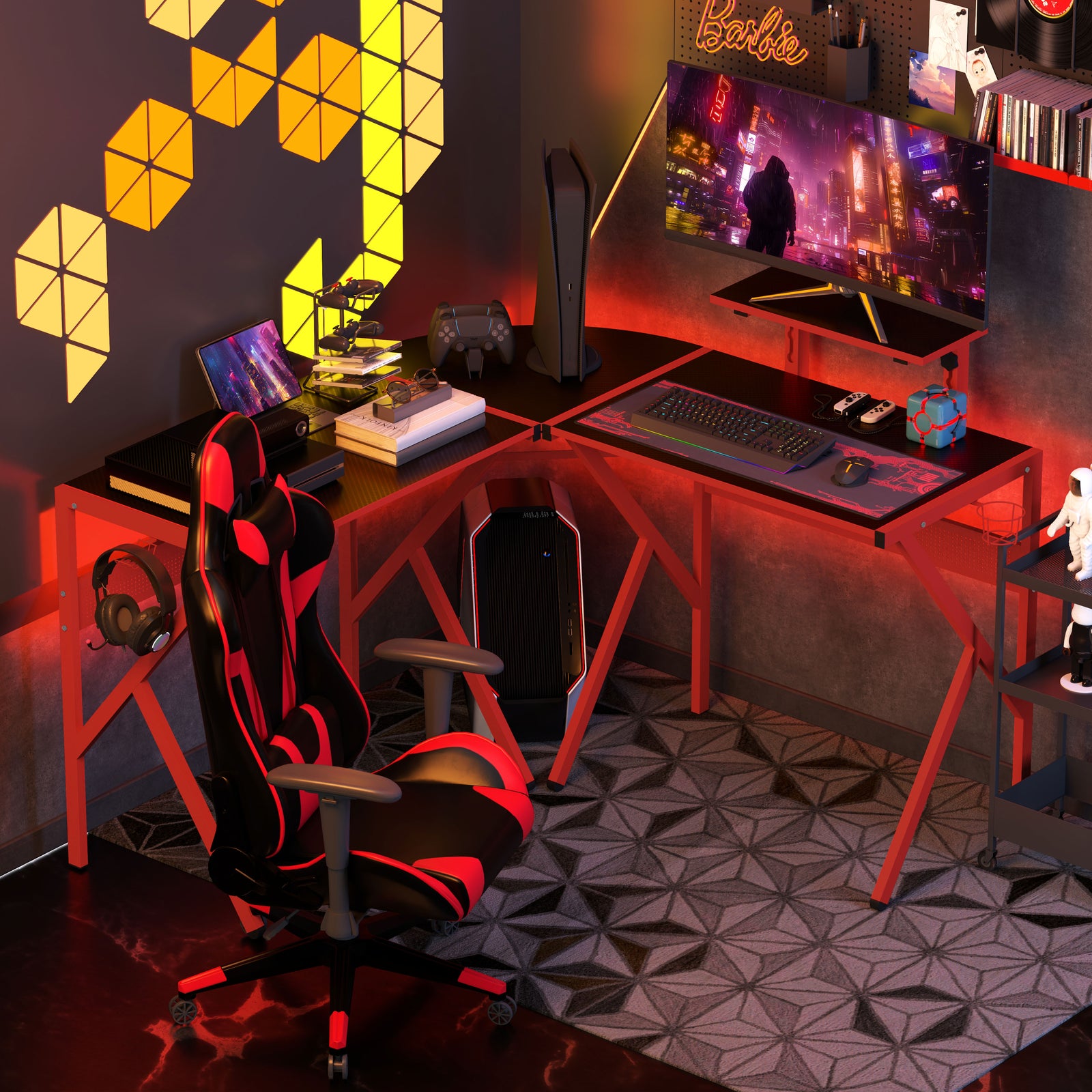 Corner Gaming Desk W/ Monitor Stand Cup Holder | Red