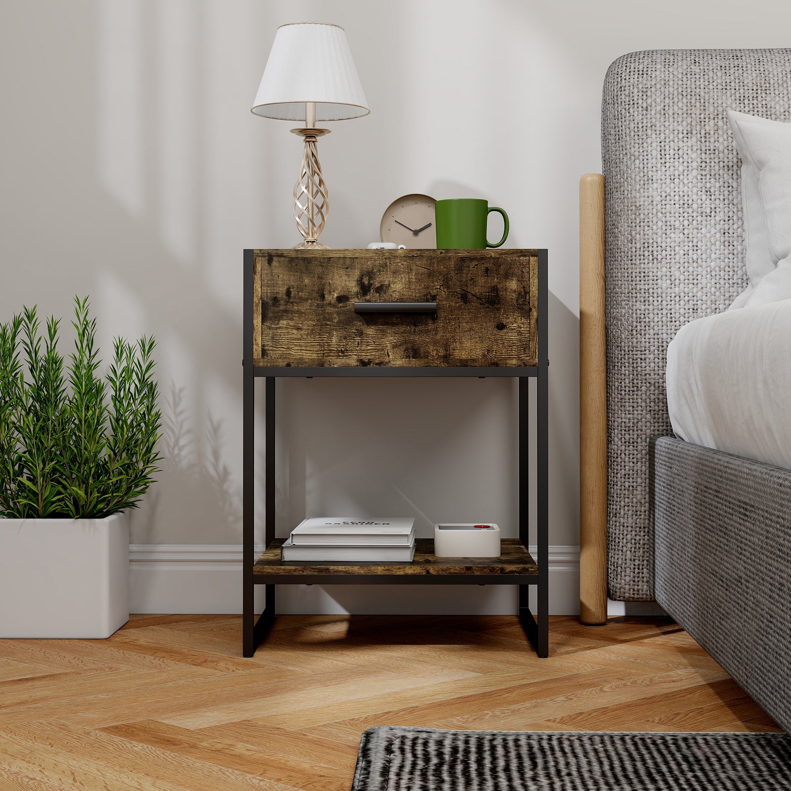Modern Bedside Table, Nightstand With Drawer Shelf Rustic Brown