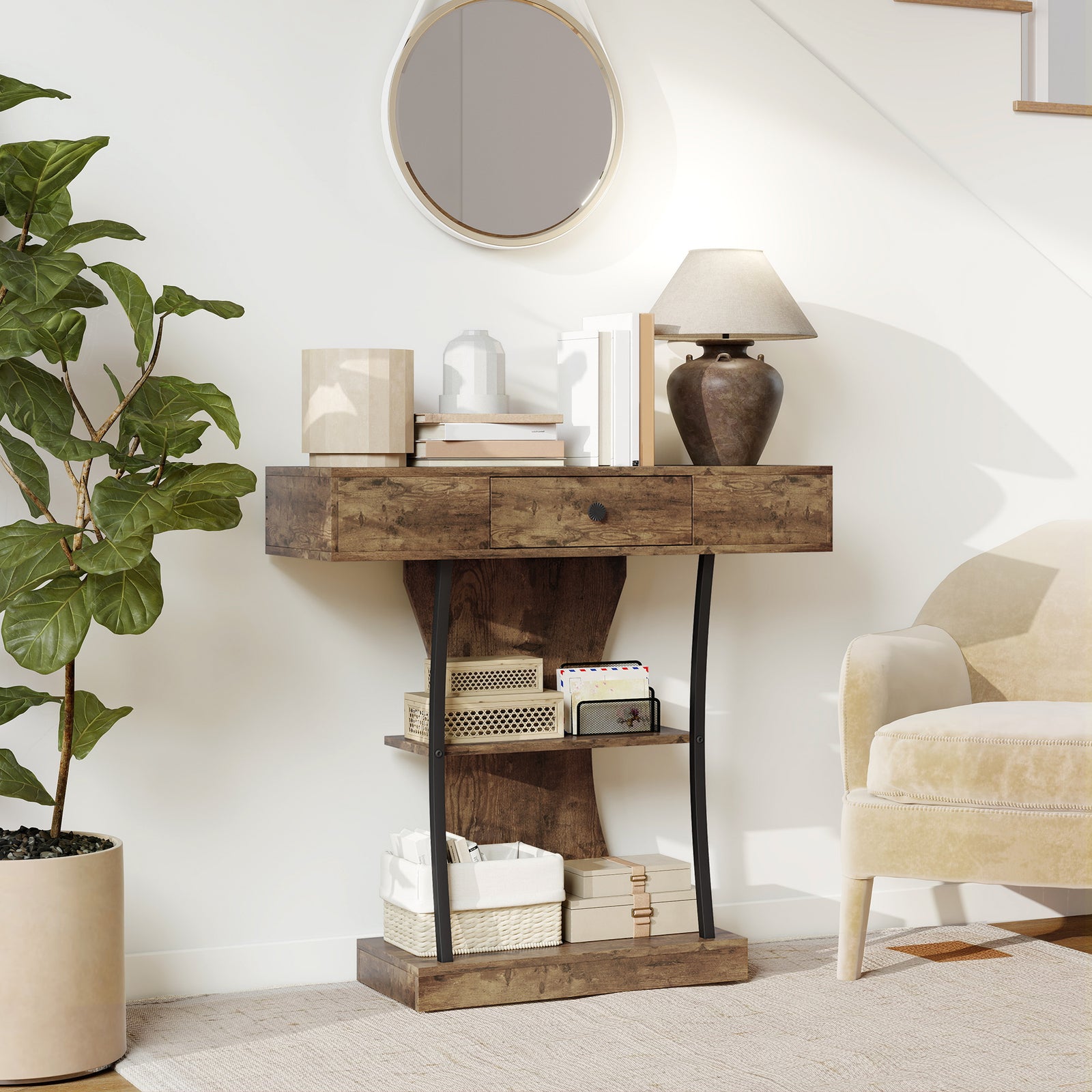 HOMCOM Console Table Hallway Table With Storage Shelves, Rustic Brown