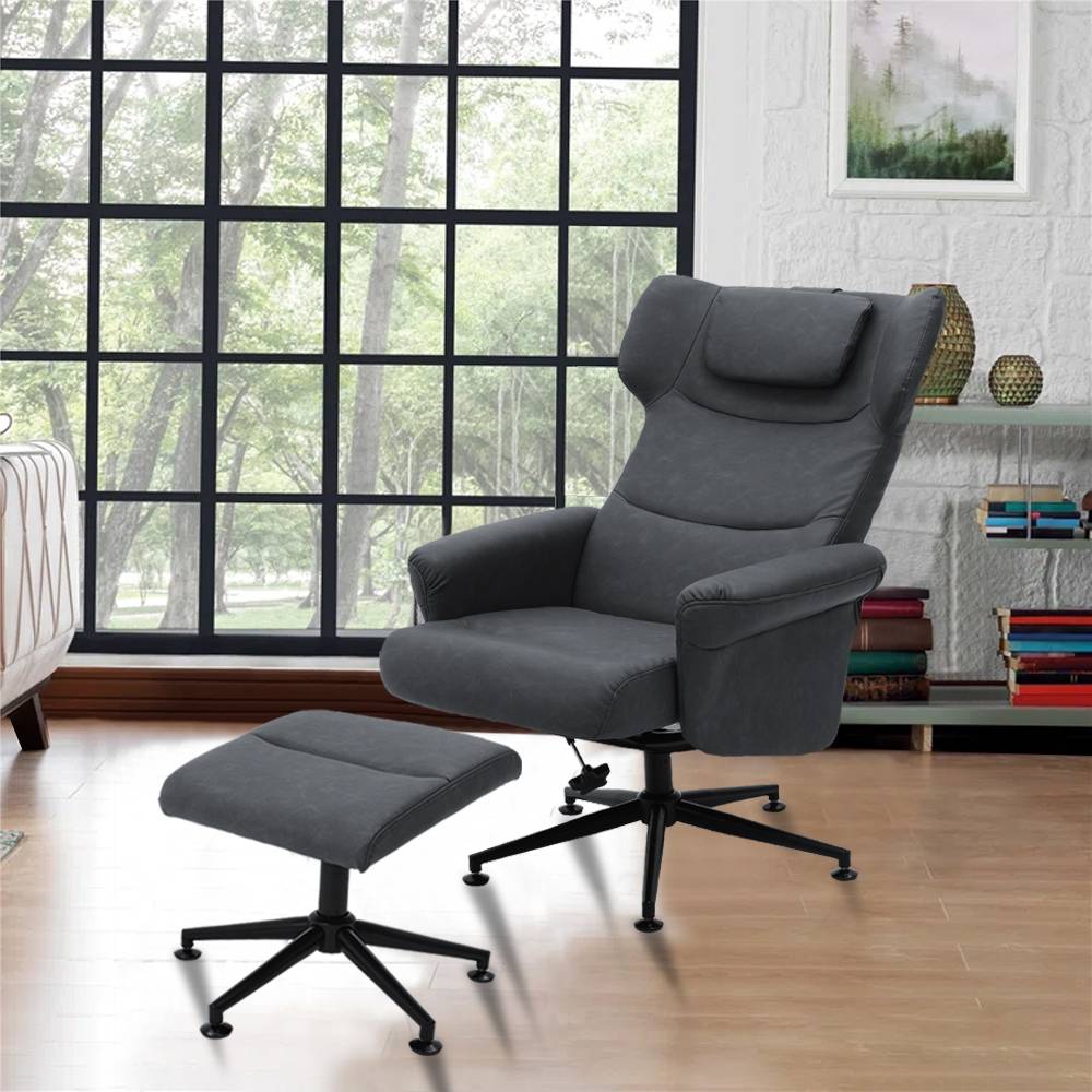 Faux Leather Swivel Armchair With Footstool | Grey