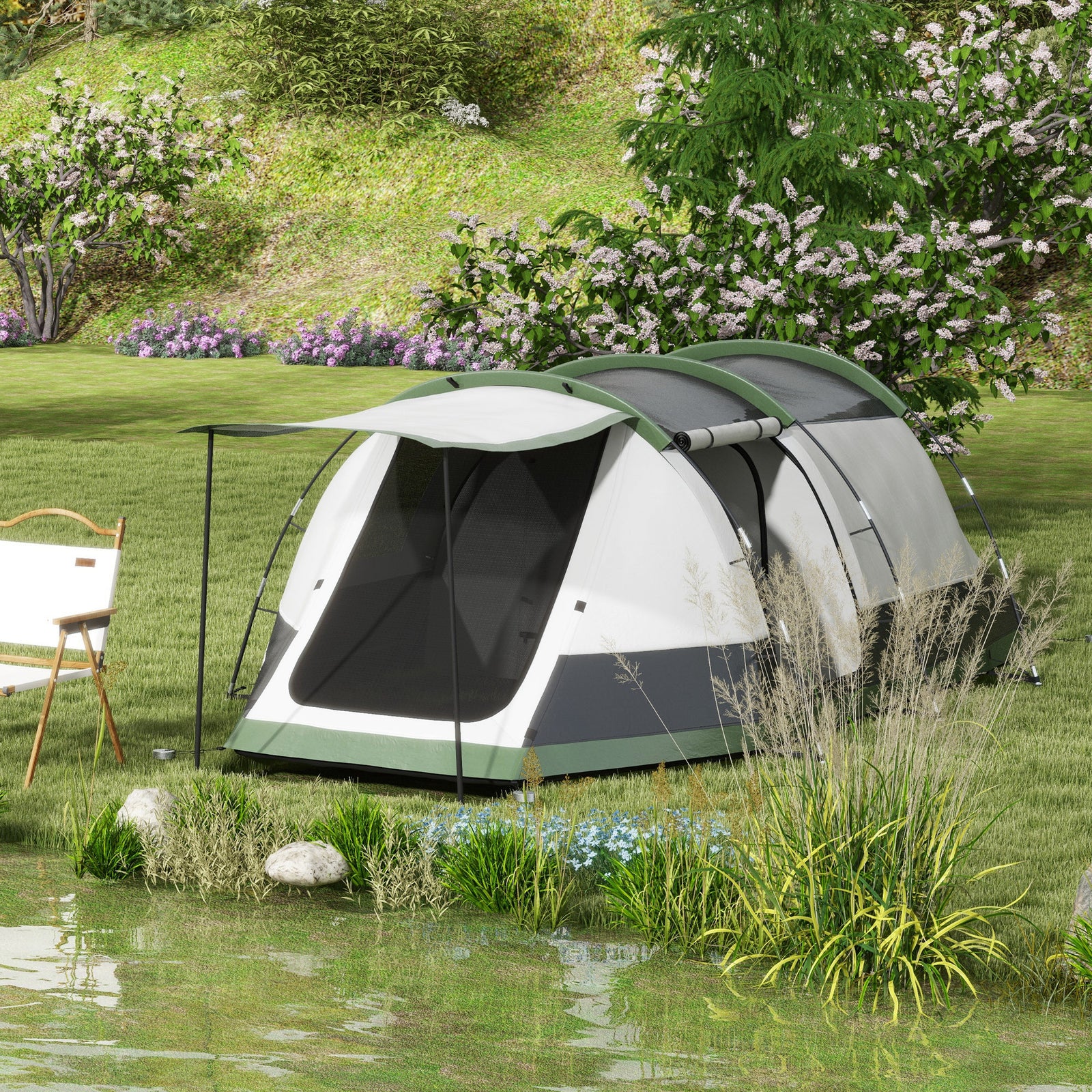 Tunnel Tent With Bedroom, Living Room And Porch For 3-4 Man | Green