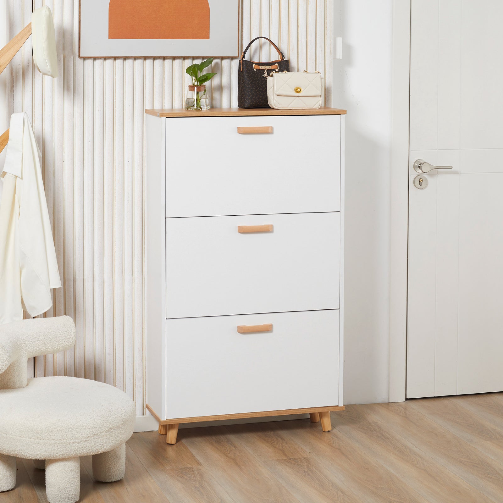 12 Pair Slim Shoe Storage Cabinet W/ 3 Flip Drawers | One Size | White
