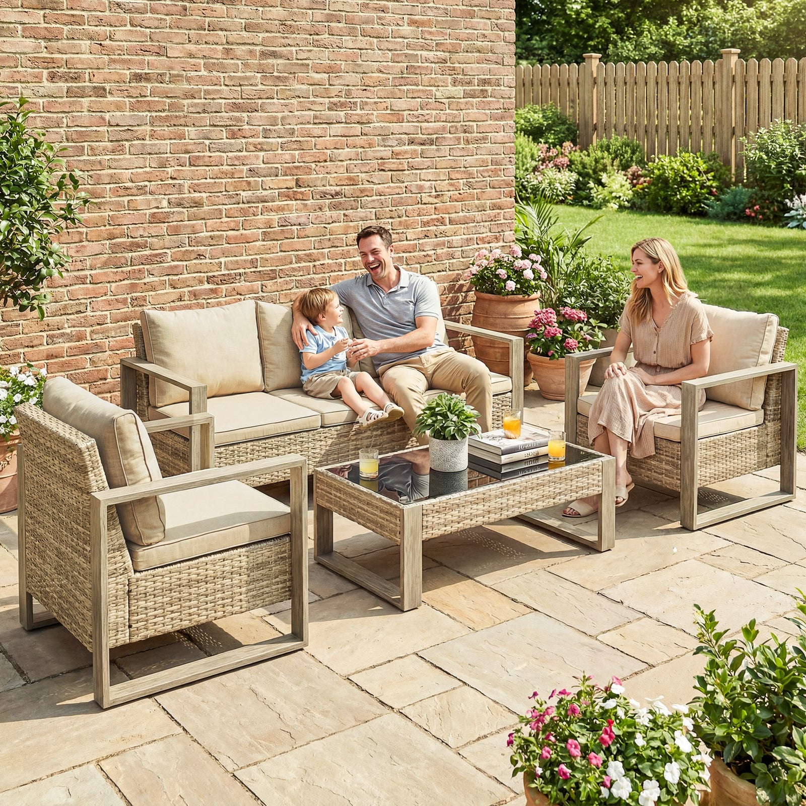 4 Seater Rattan Garden Furniture Set With Non-slip Mats, Khaki