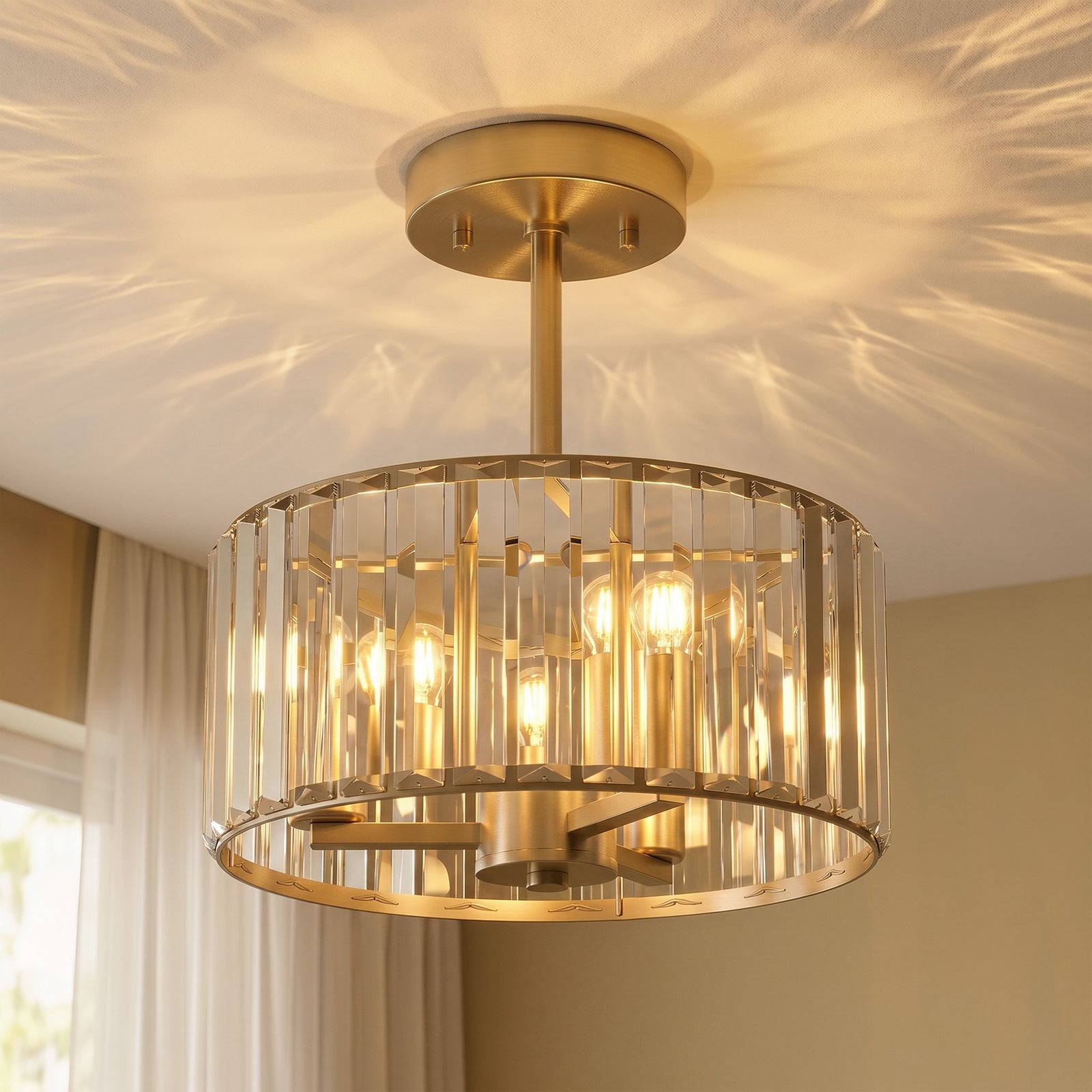 Semi Flush Mount Modern Crystal Chandelier Ceiling Light | Gold