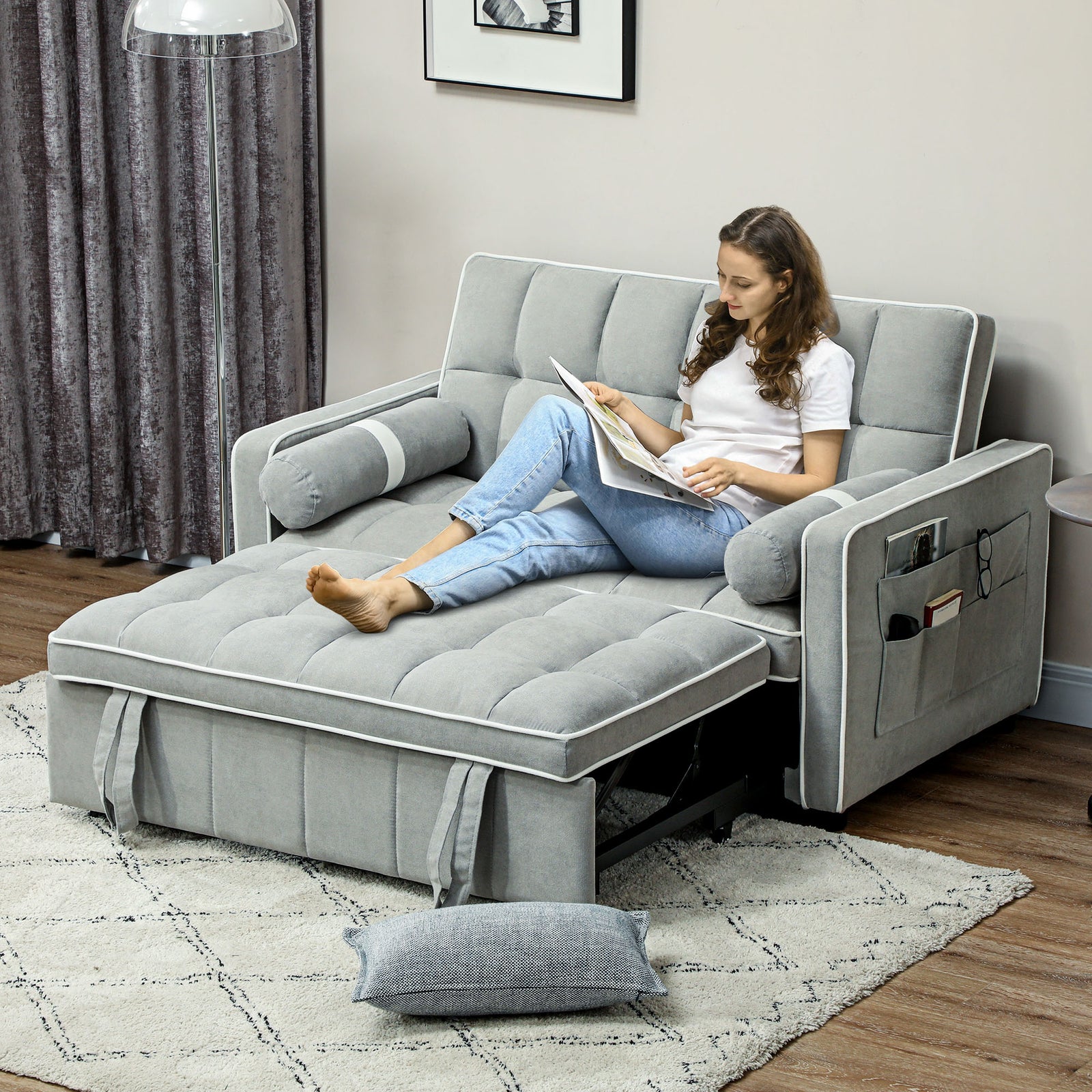 2 Seater Pull Out Sofa Bed With Adjustable Backrest, Light Grey | One Size