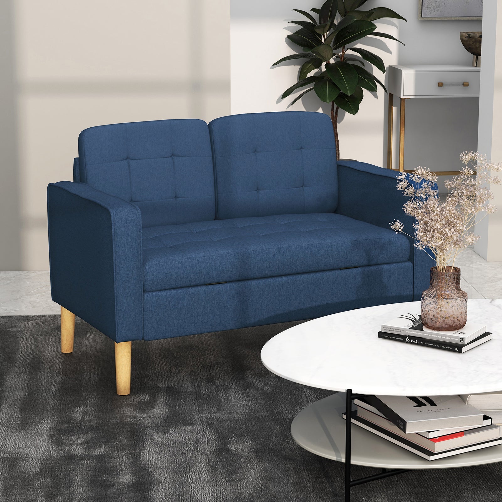 Compact Loveseat 2 Seater Sofa With Storage Wood Legs | One Size | Blue