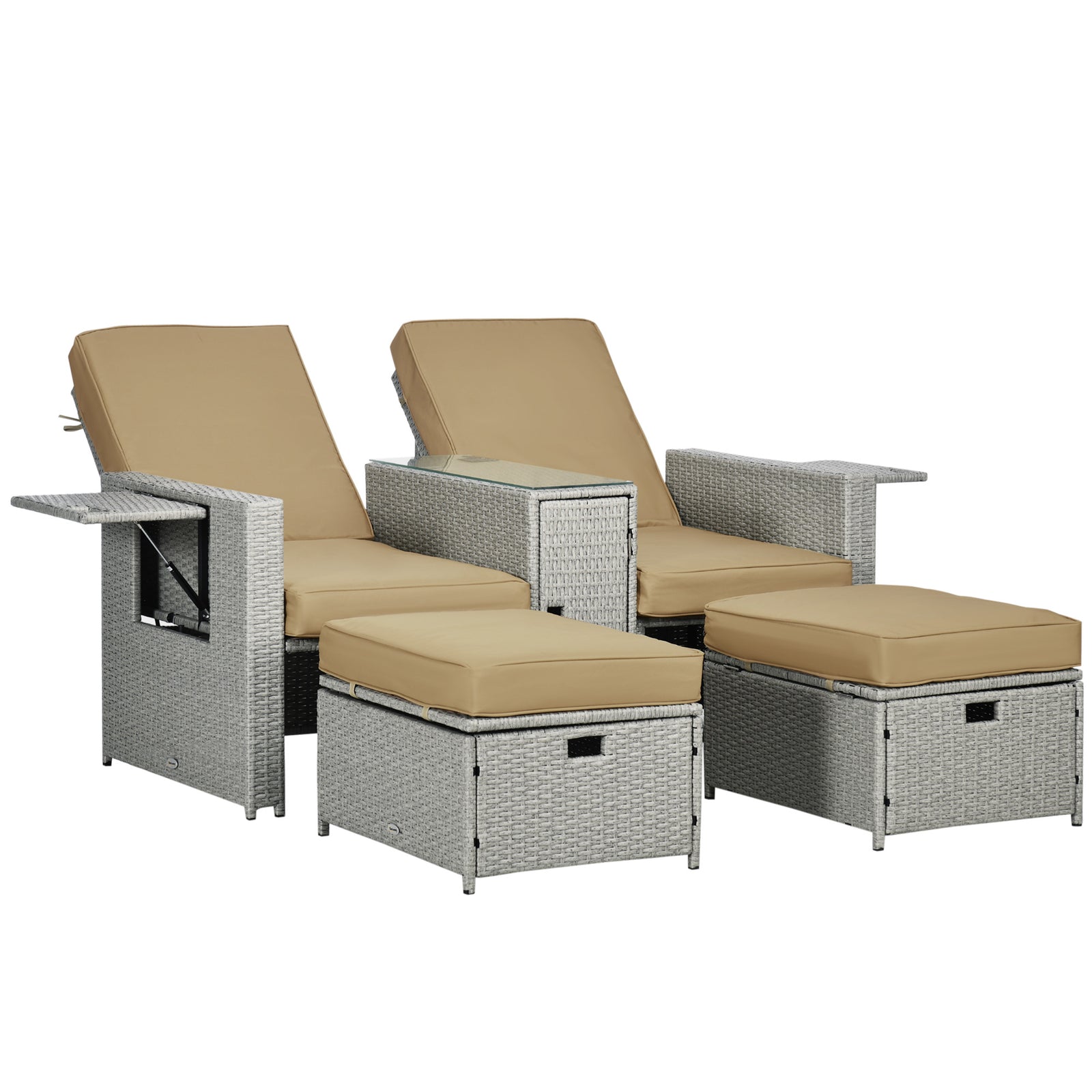 5-level Rattan Sun Lounger W/ Tea Table & Footstools | Beige