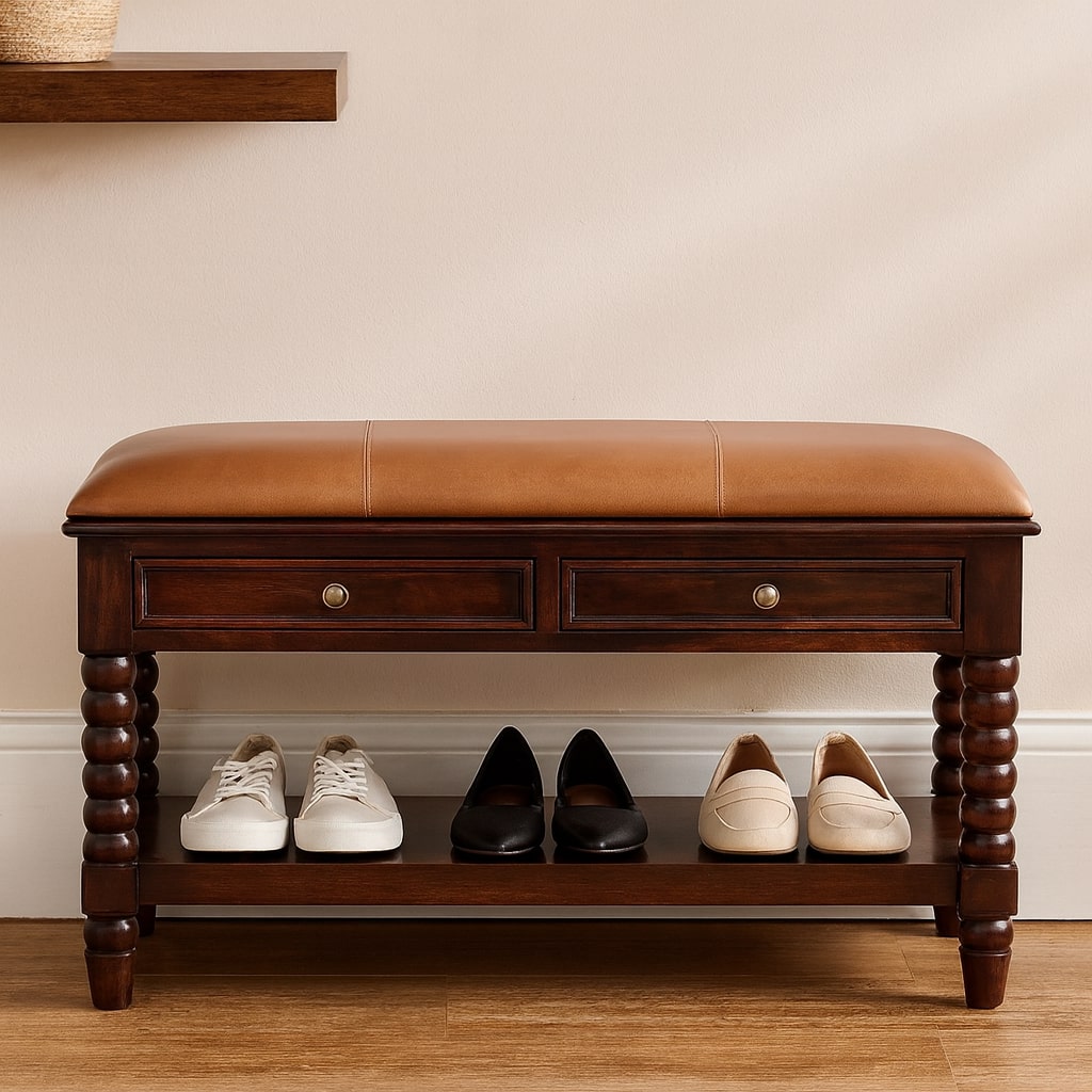 Solid Wood Spindle Winewood Leather Bench