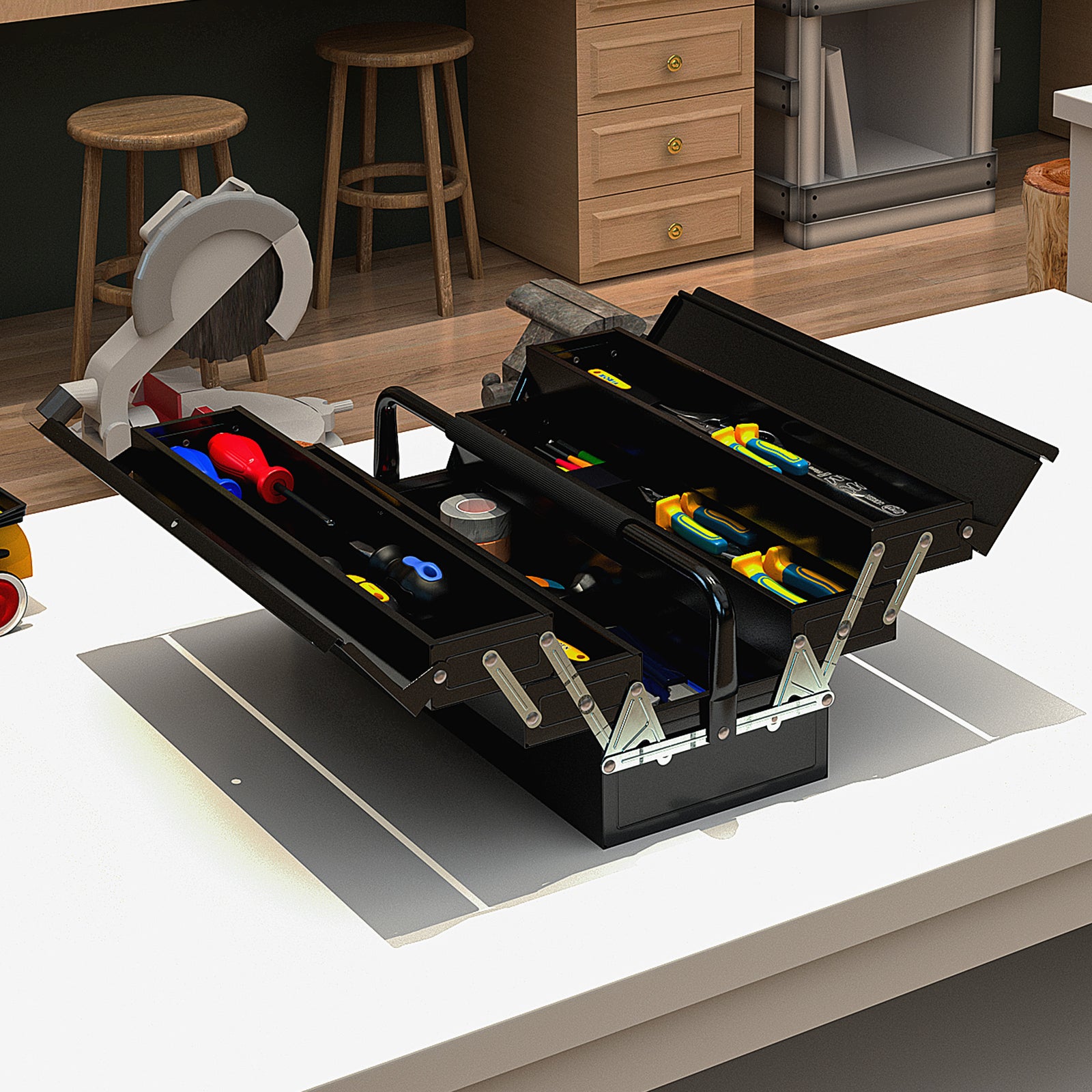 3 Tier Toolbox With 5 Trays And Handle, 56cmx20cmx34cm | Black