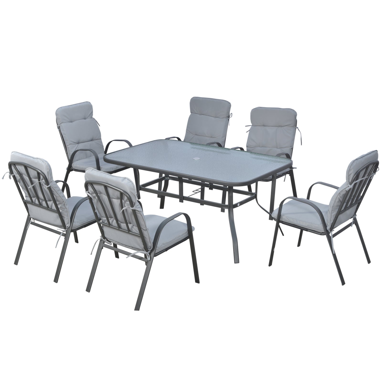 7 Pcs Garden Dining Set, Table W/ Umbrella Hole & Cushion | Gray