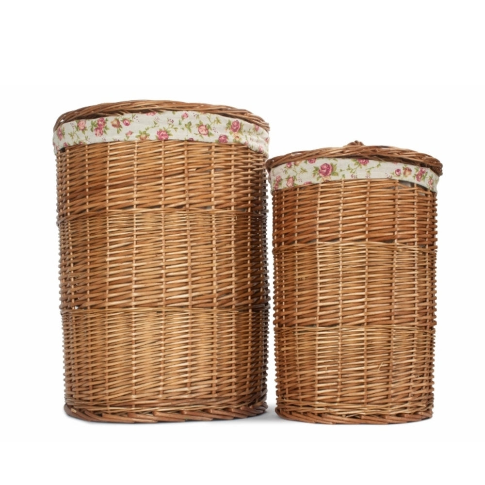 Garden Rose Cotton Lined Light Steamed Round Laundry Baskets | Set of 2 | Pink