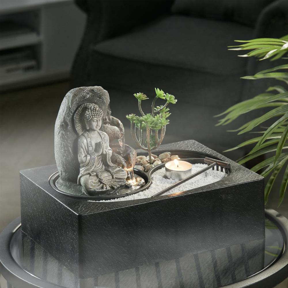 Buddha Zen Tabletop Fountain With Led Light, Tealight Holder And Succulent