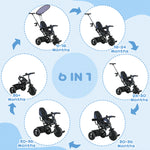 6 In 1 Kids Tricycle W/ Removable Handle For 1.5+ Year | Black