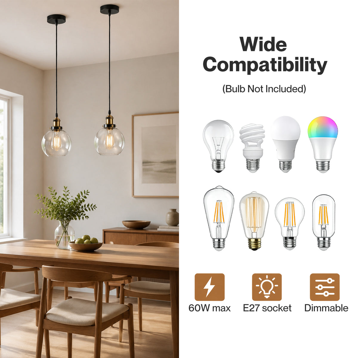 Emitto Ceiling Pendant Light Retro Industrial Glass Lampshade Adjustable Cable