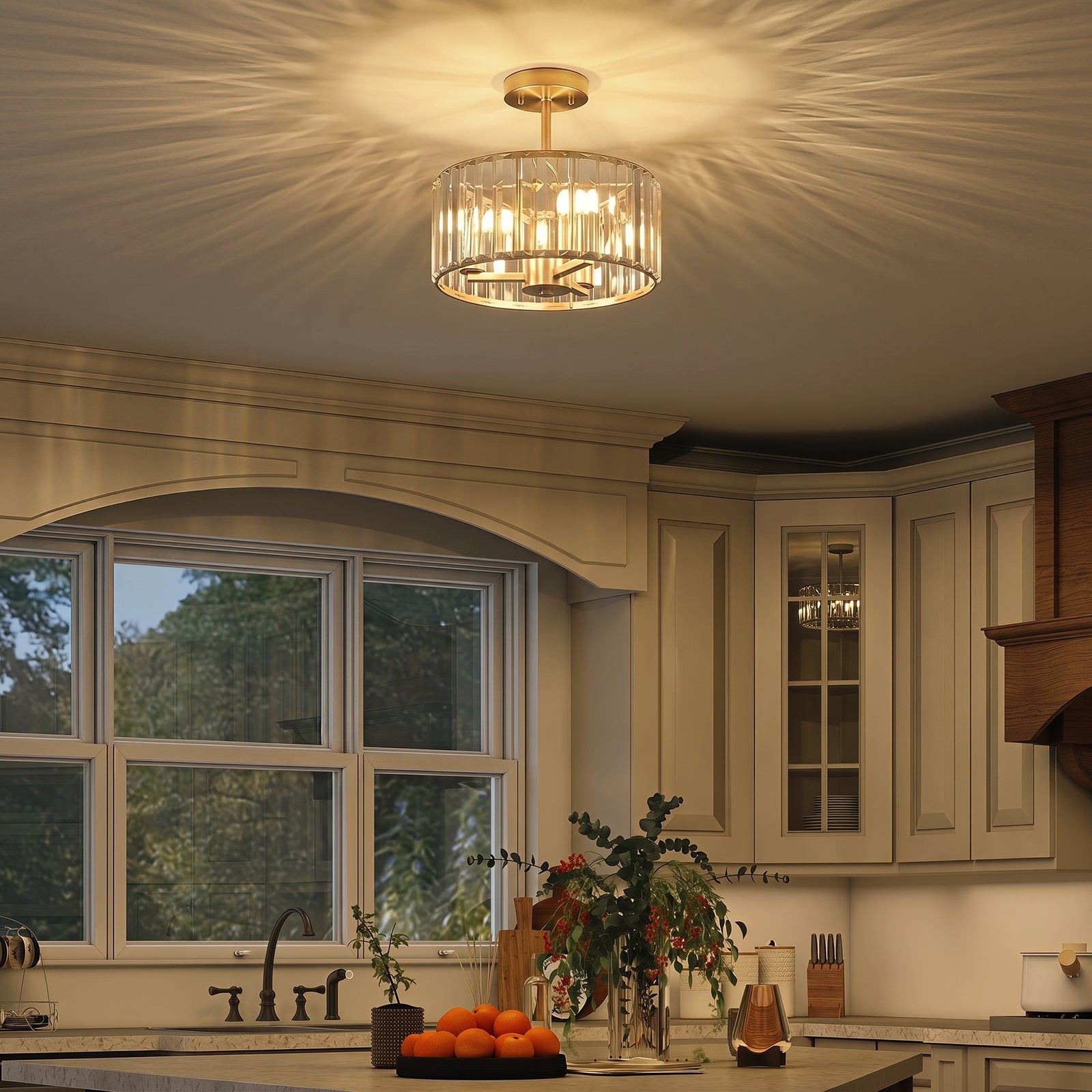 Semi Flush Mount Modern Crystal Chandelier Ceiling Light | Gold
