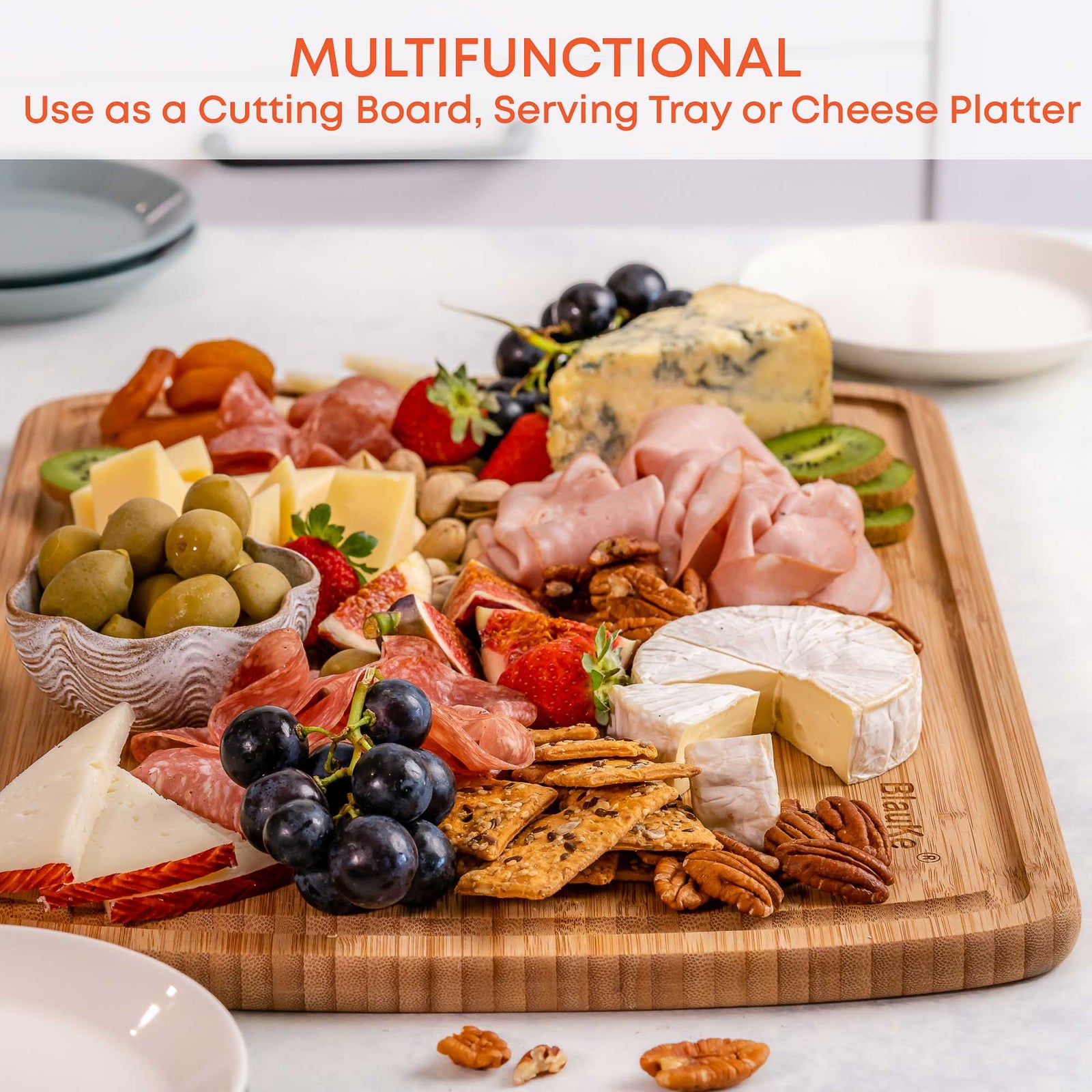BlauKe Wood Cutting Board For Kitchen - 45x31cm Extra Large Bamboo Cutting Board With Juice Groove - Wooden Butcher Block