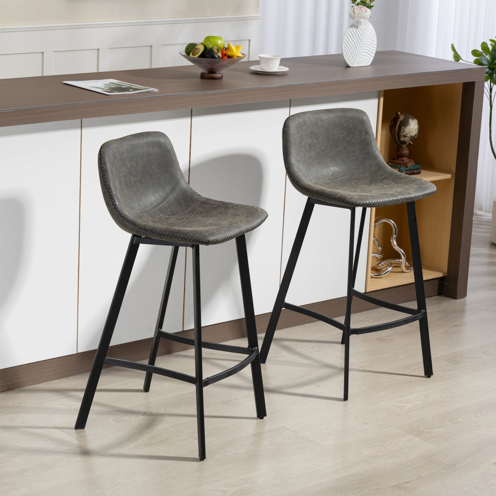 Bar Stools Set Of 2, Bar Chairs With Back And Steel Legs | Grey