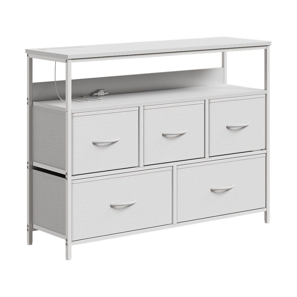 5-drawer Metal Frame Chest Of Drawers Storage Cabinet With Power Strip | White