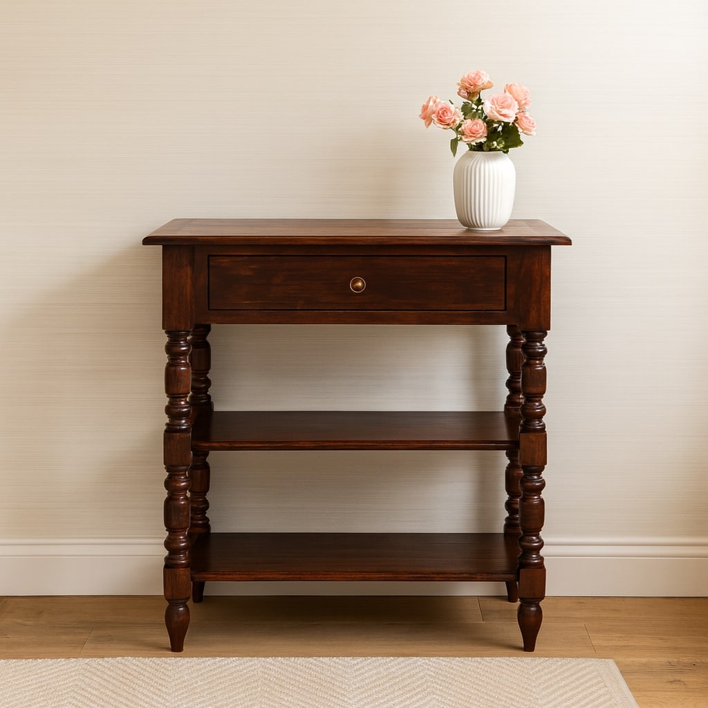 Solid Wood Turned Occasional Table, 1 Drawer and 2 Open Shelves, Dark Brown