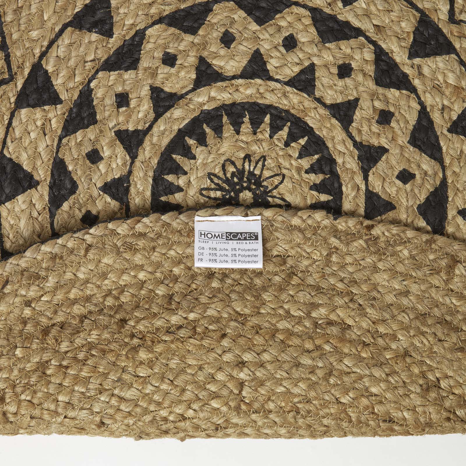 Natural & Black Mandala Braided Jute Rug Round | 70cm x 70cm | Black