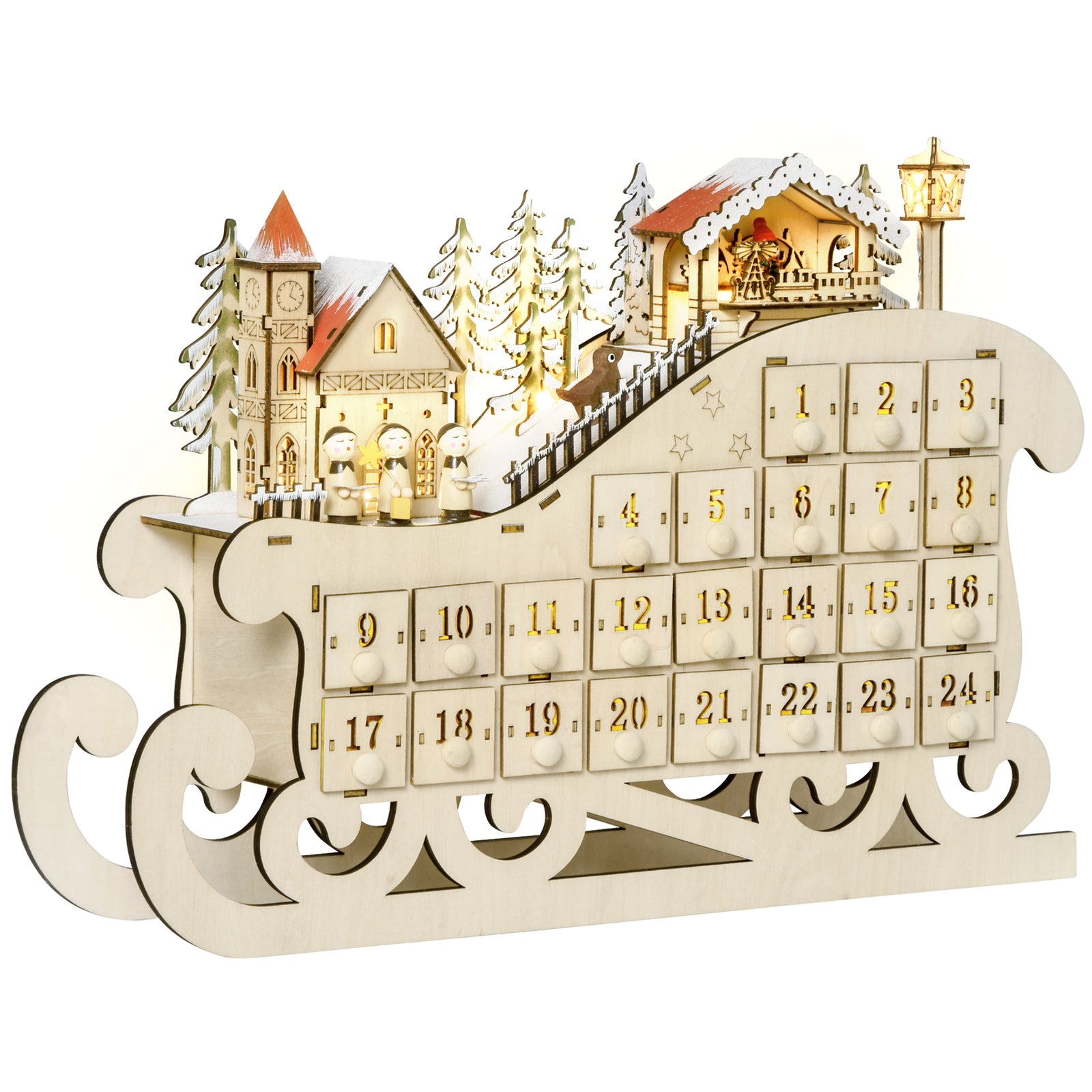 Christmas Advent Calendar Light Up Sleigh W/ Countdown Drawer, Village