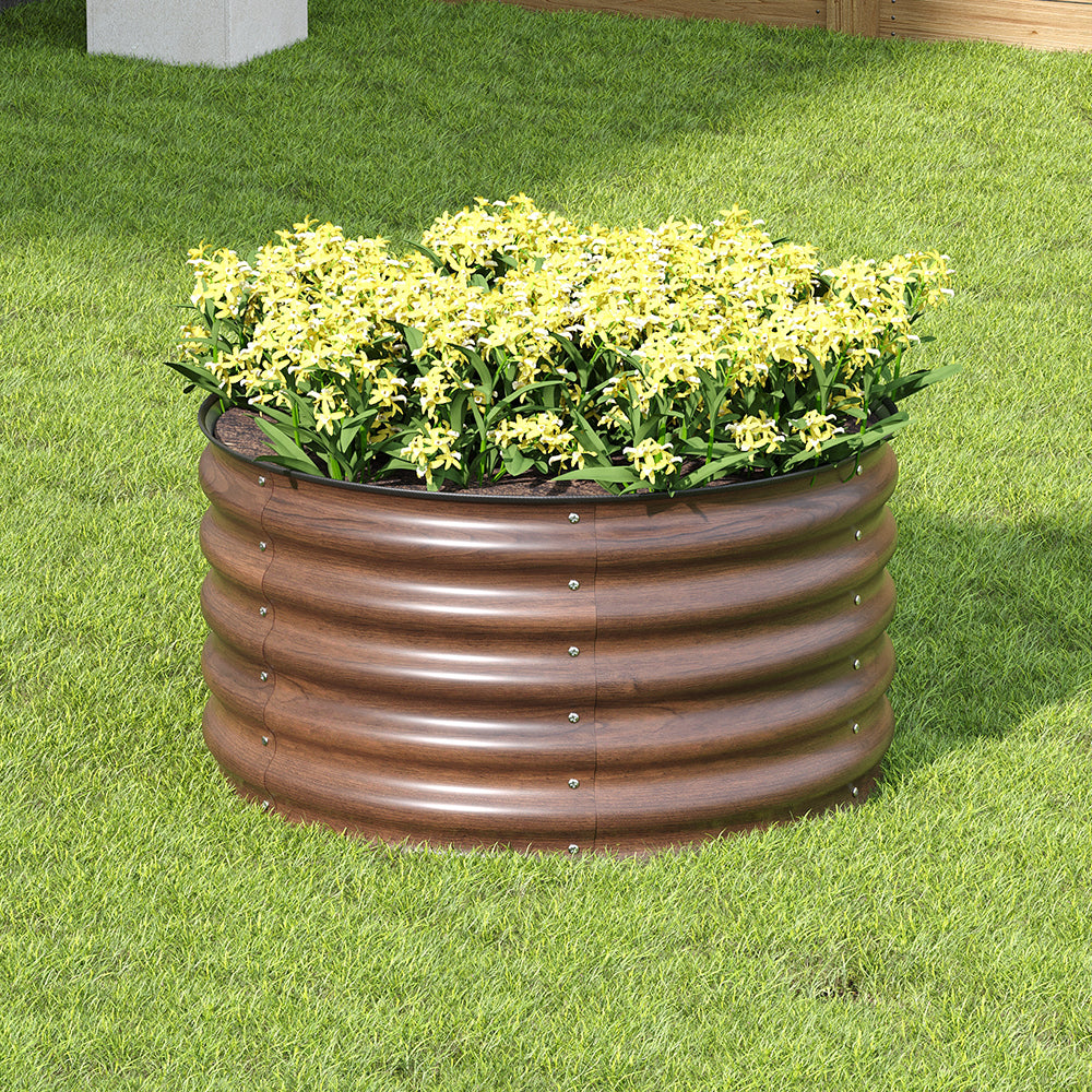 80cm Dia X 43cm H Brown Wood Grain Round Metal Raised Garden Bed Outdoor Planter Box