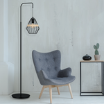 Cliff Black Floor Lamp Hand Made Matt Black Cage Style Lamp With Natural Wood Detail